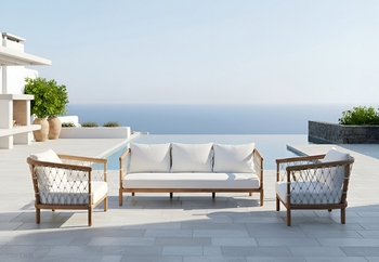 Καναπές Albarella σε ξύλο teak, μπεζ σχοινιά και λευκά μαξιλάρια
