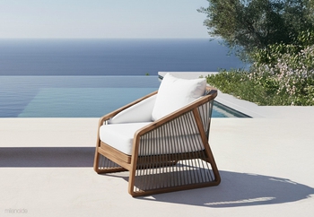 Πολυθρόνα Arpa σε ξύλο teak, μπεζ σχοινιά και λευκά μαξιλάρια