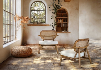 Πολυθρόνα Palmira σε off white ύφασμα με ξύλο teak και βιεννέζικη ψάθα