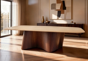 Τραπέζι Fan Marble με επιφάνεια από μάρμαρο και βάση σε φυσικό καπλάμά καρυδιάς
