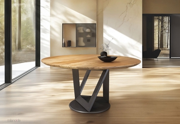Τραπέζι Aperture rotunda wood σε φυσικό καπλαμά δρυς rustic και μεταλλική βάση σε απόχρωση μαγνήτη